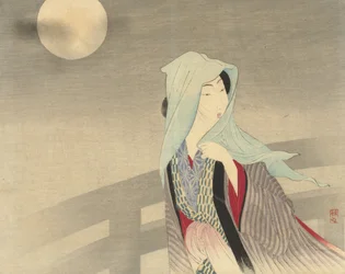 Veiled Woman on a Bridge in Moonlight